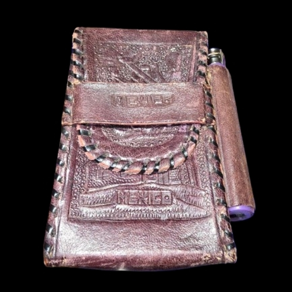 Recovered Vtg Hecho En Mexico Brown Leather Cigarette Case Lighter Not Included